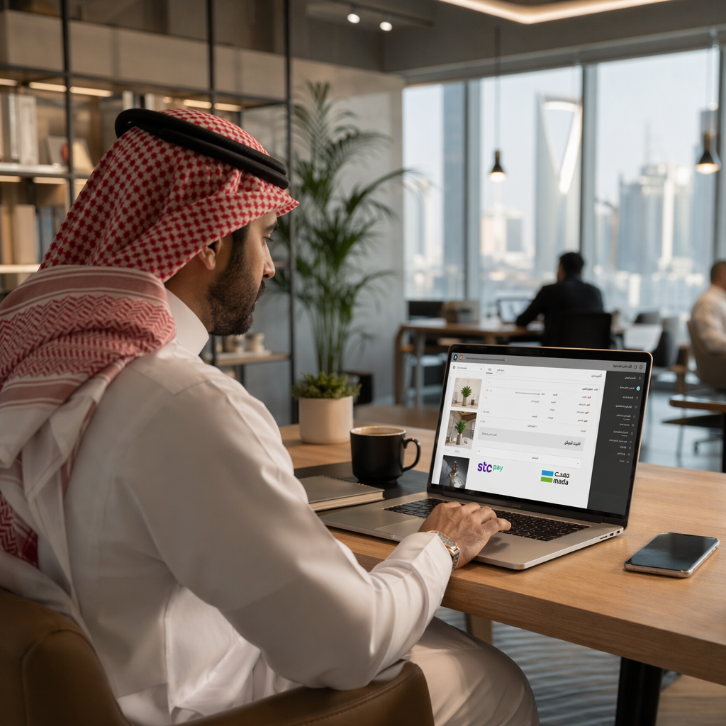 Saudi male entrepreneur at a modern Riyadh co-working space reviewing a Shopify store on a laptop, Arabic language interface visible on screen, Mada and STC Pay logos subtly visible, warm natural office lighting, photorealistic, no text