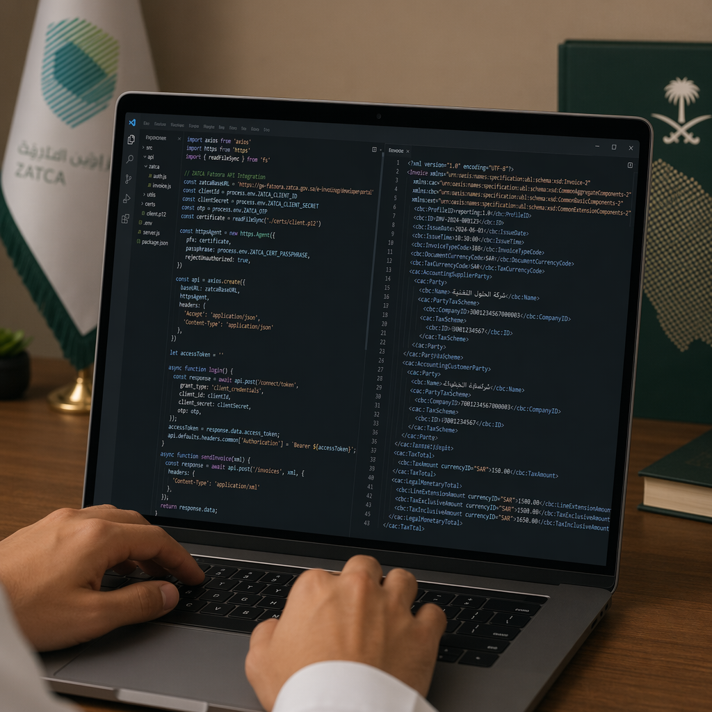 Close-up of a developer's hands typing code on a laptop showing a ZATCA Fatoora API integration in a code editor, Arabic invoice XML visible on the right panel, Saudi governmental color scheme, photorealistic, no text