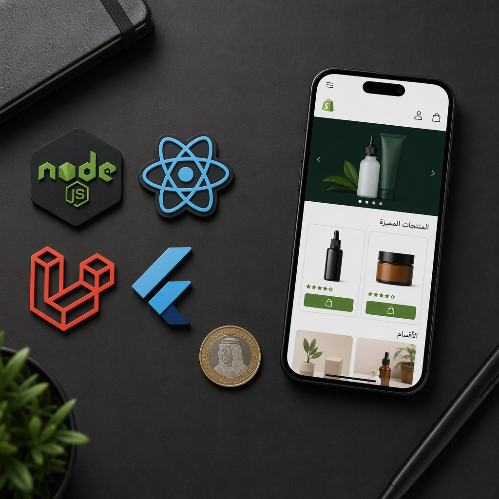 Flat-lay of technology stack icons (Node.js, React, Laravel, Flutter logos) arranged on a dark desk surface alongside a Saudi riyal coin and a smartphone showing a Shopify mobile app in Arabic, overhead shot, photorealistic, no text