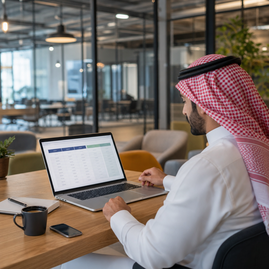 Saudi entrepreneur reviewing e-commerce platform pricing plans on a laptop in a modern Riyadh co-working space, spreadsheet visible on screen, clean professional lighting, photorealistic, no text
