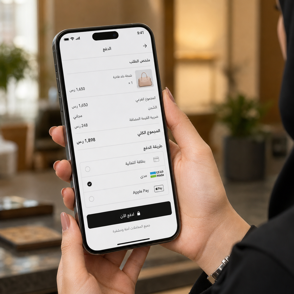 Close-up of a smartphone checkout screen showing Arabic RTL text and Mada payment option selected, held by a Saudi woman in business attire, warm office background, photorealistic, no text overlay