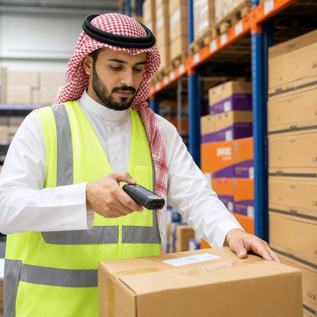 Saudi warehouse worker scanning packages with a handheld device, SMSA Express and Aramex shipping boxes stacked on shelves behind him, bright logistics facility lighting, photorealistic, no text