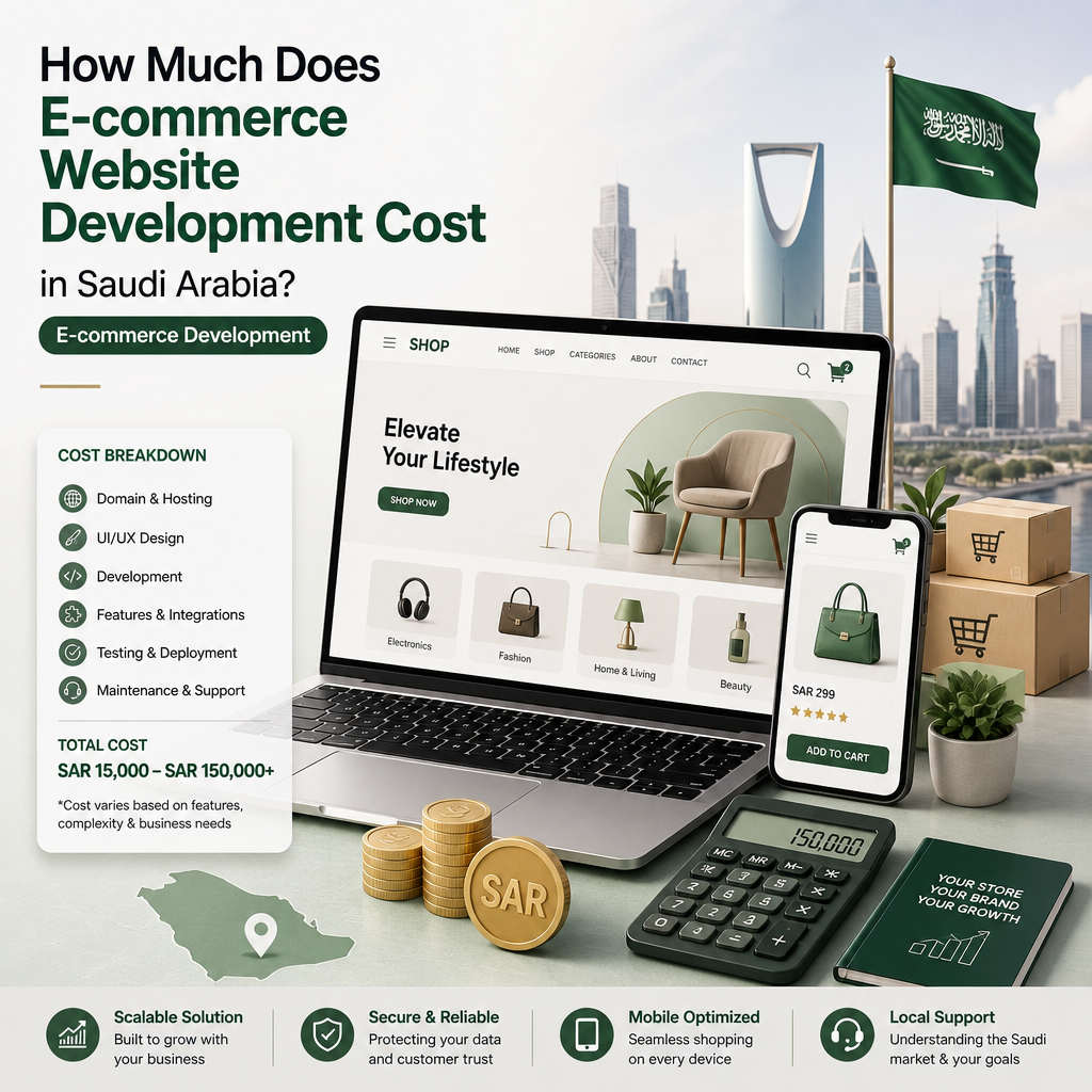 Editorial illustration for an article about How Much Does E-commerce Website Development Cost in Saudi Arabia? (E-commerce Development)