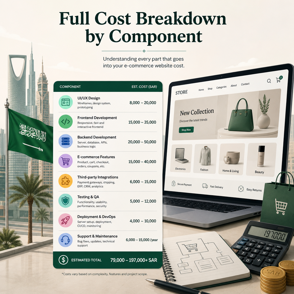 Editorial illustration for the section 'Full Cost Breakdown by Component' in an article about How Much Does E-commerce Website Development Cost in Saudi Arabia?