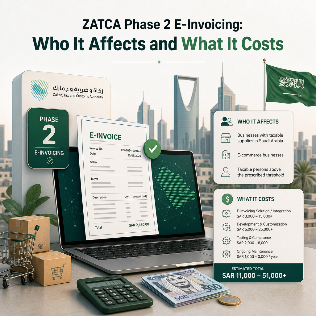 Editorial illustration for the section 'ZATCA Phase 2 E-Invoicing: Who It Affects and What It Costs' in an article about How Much Does E-commerce Website Development Cost in Saudi Arabia?