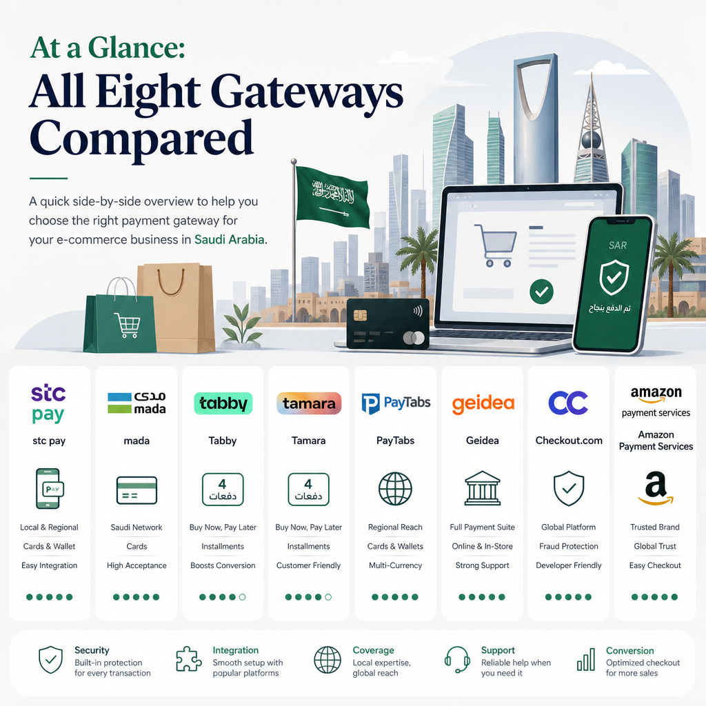 Editorial illustration for the section 'At a Glance: All Eight Gateways Compared' in an article about Best Payment Gateways for E-commerce in Saudi Arabia