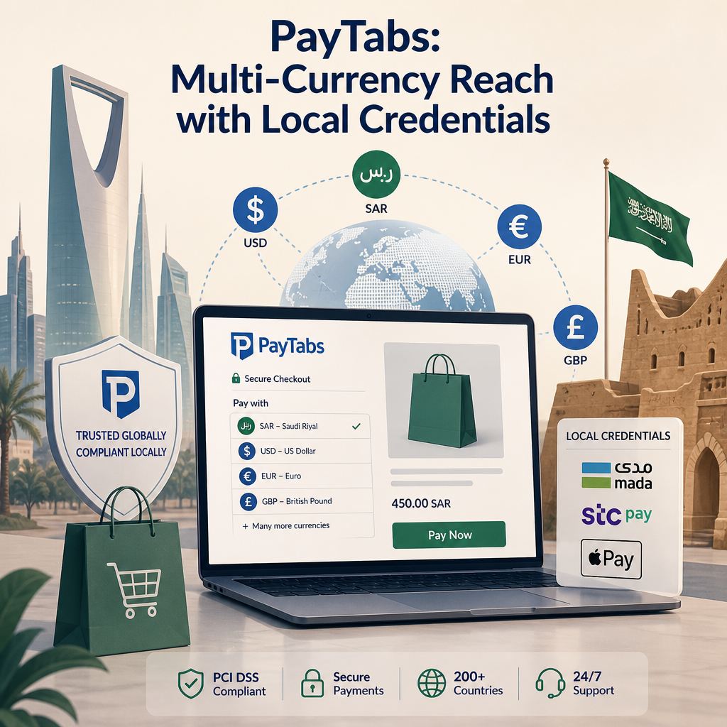 Editorial illustration for the section 'PayTabs: Multi-Currency Reach with Local Credentials' in an article about Best Payment Gateways for E-commerce in Saudi Arabia
