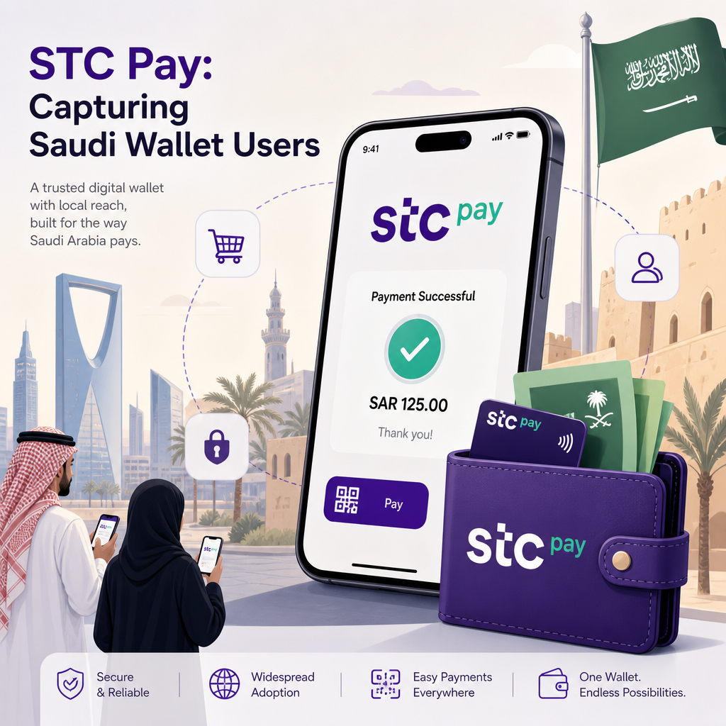 Editorial illustration for the section 'STC Pay: Capturing Saudi Wallet Users' in an article about Best Payment Gateways for E-commerce in Saudi Arabia
