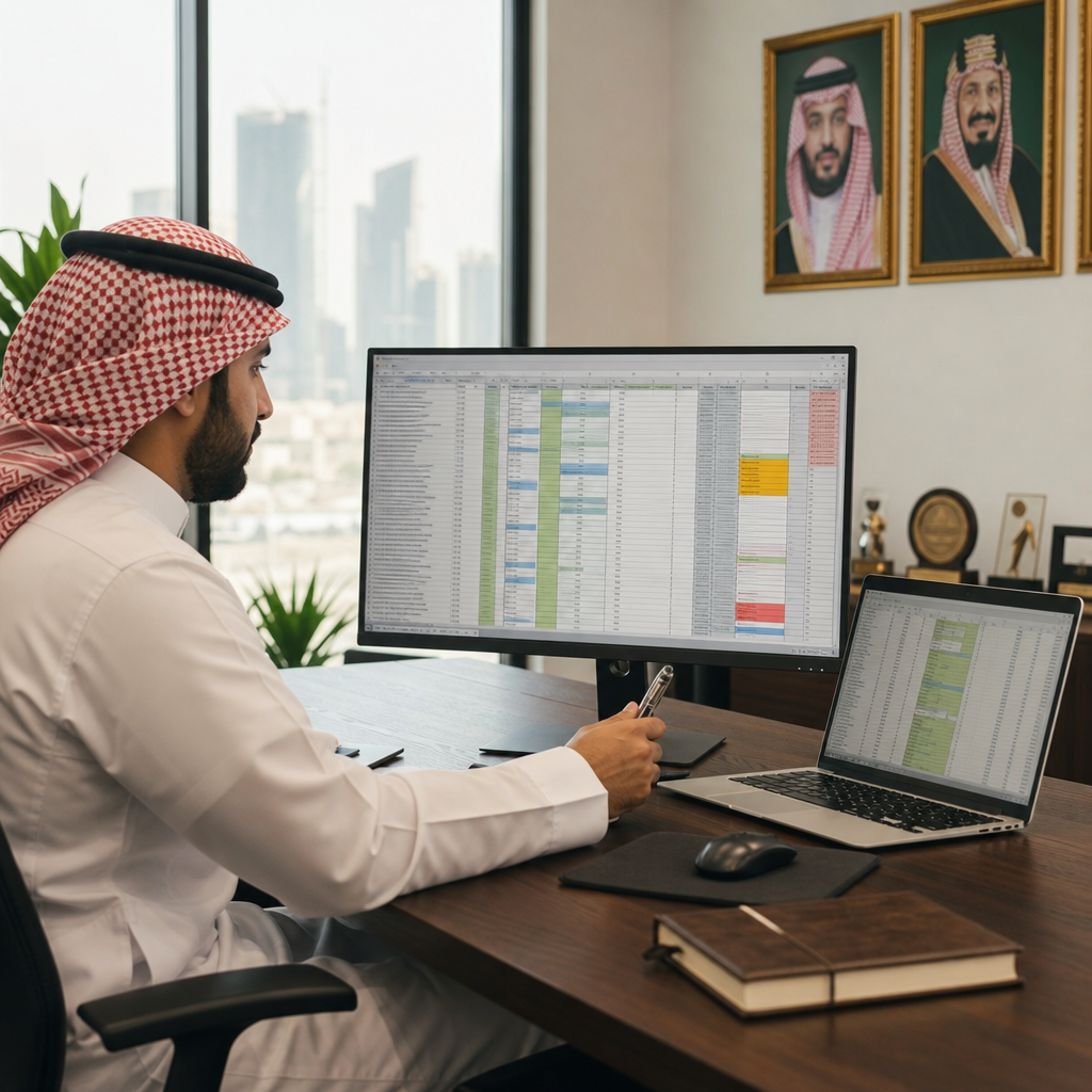 Saudi business owner at a desk reviewing a detailed spreadsheet audit of an online store's product catalog and URL structure before migration, modern Saudi office setting, photorealistic, no text