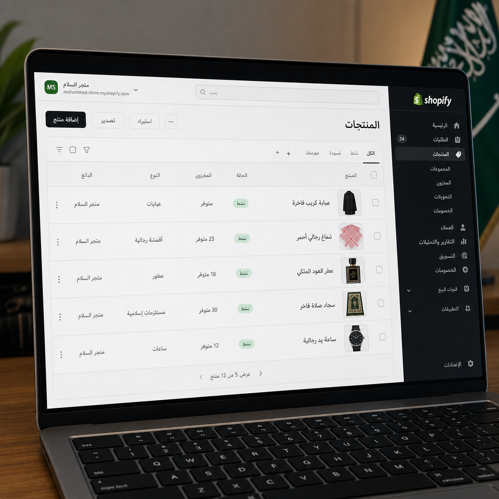 Close-up of a laptop screen showing a Shopify admin dashboard with Arabic product listings and RTL text rendering correctly, clean workspace, Saudi context, photorealistic, no text overlays