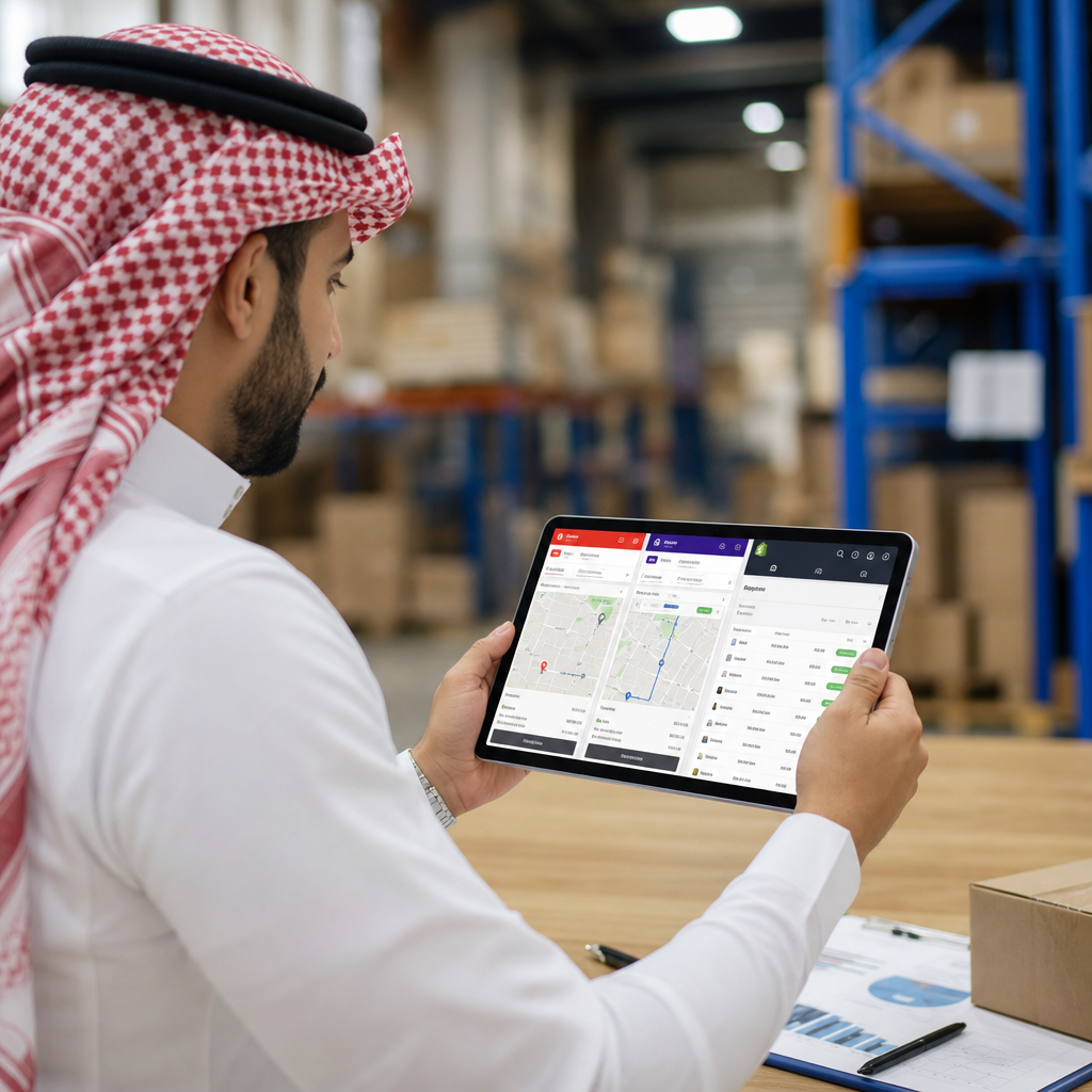 Saudi logistics manager reviewing shipping carrier options on a tablet showing Aramex and SMSA tracking interfaces alongside a Shopify order management screen, warehouse background, photorealistic, no text