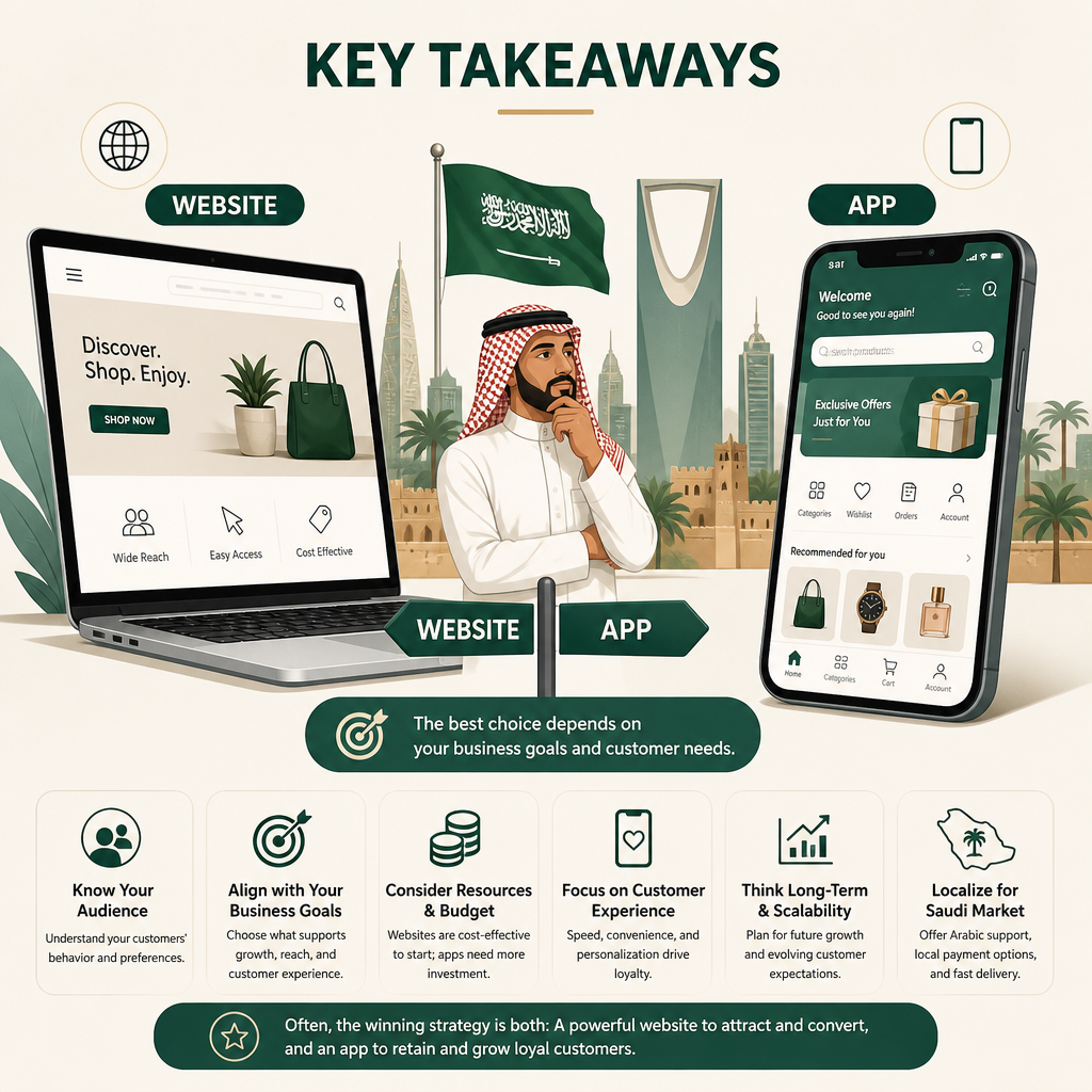 Editorial illustration for the section 'Key Takeaways' in an article about Ecommerce Website vs App: Best for Your Saudi Business?