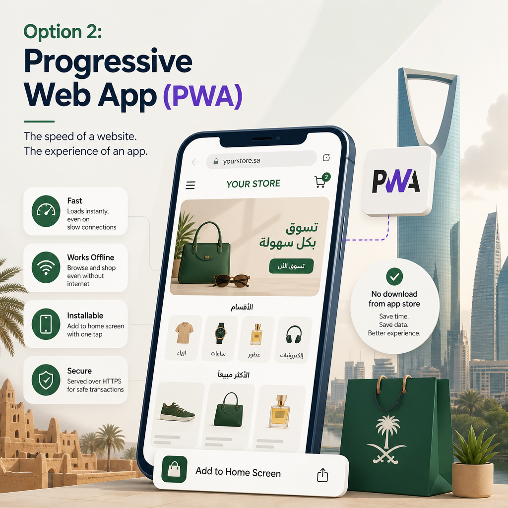 Editorial illustration for the section 'Option 2: Progressive Web App (PWA)' in an article about Ecommerce Website vs App: Best for Your Saudi Business?
