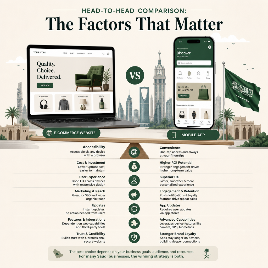 Editorial illustration for the section 'Head-to-Head Comparison: The Factors That Matter' in an article about Ecommerce Website vs App: Best for Your Saudi Business?