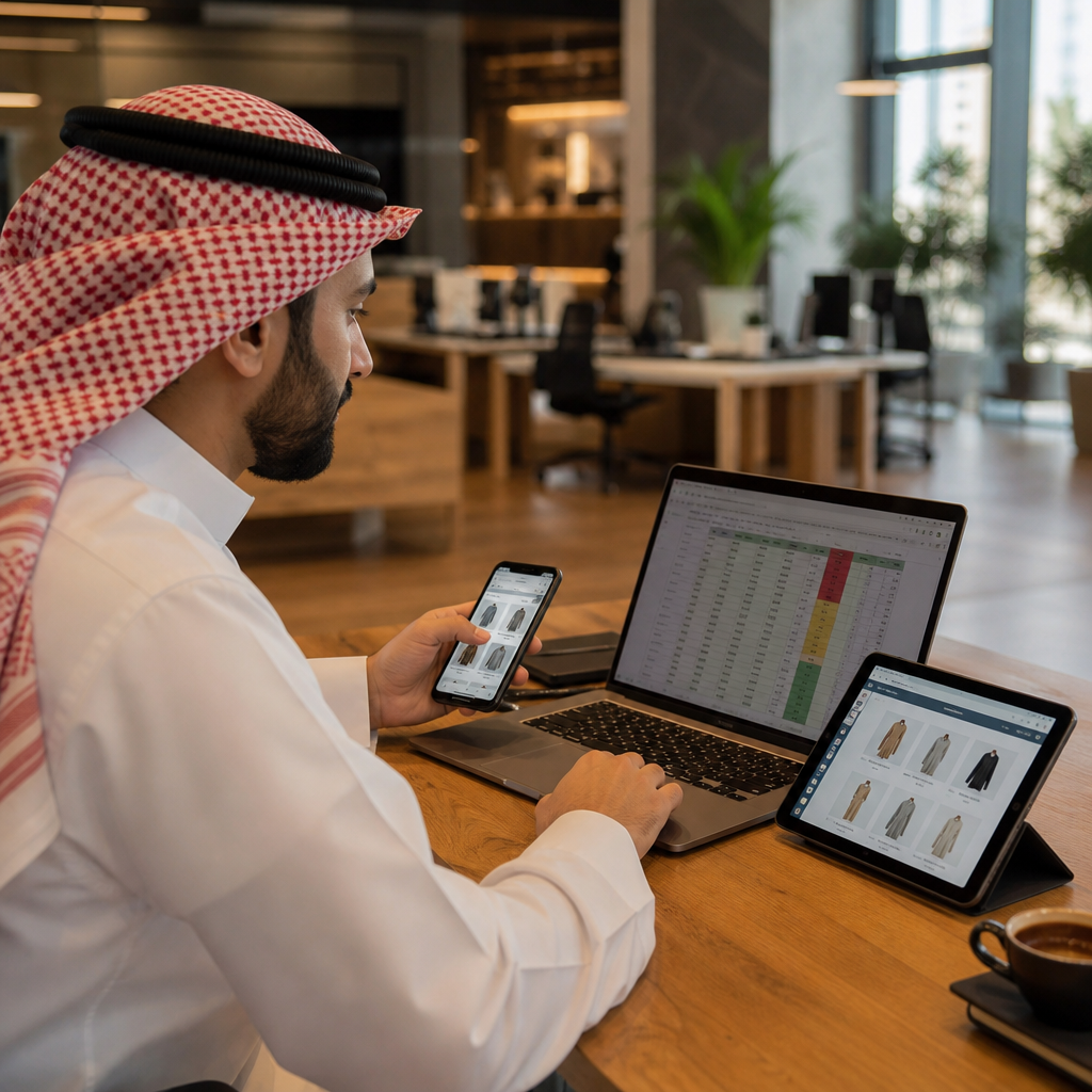 Saudi business owner in a contemporary Riyadh co-working space reviewing a multi-device e-commerce cost comparison spreadsheet on a laptop, a smartphone and a tablet arranged on the desk showing different versions of an online store, warm professional lighting, photorealistic, no text