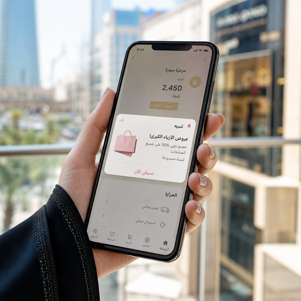Close-up of a Saudi woman's hand holding an Android smartphone displaying a loyalty points screen with Arabic text and a push notification popup for a fashion sale, blurred modern Riyadh mall background, natural daylight, photorealistic, no text overlays