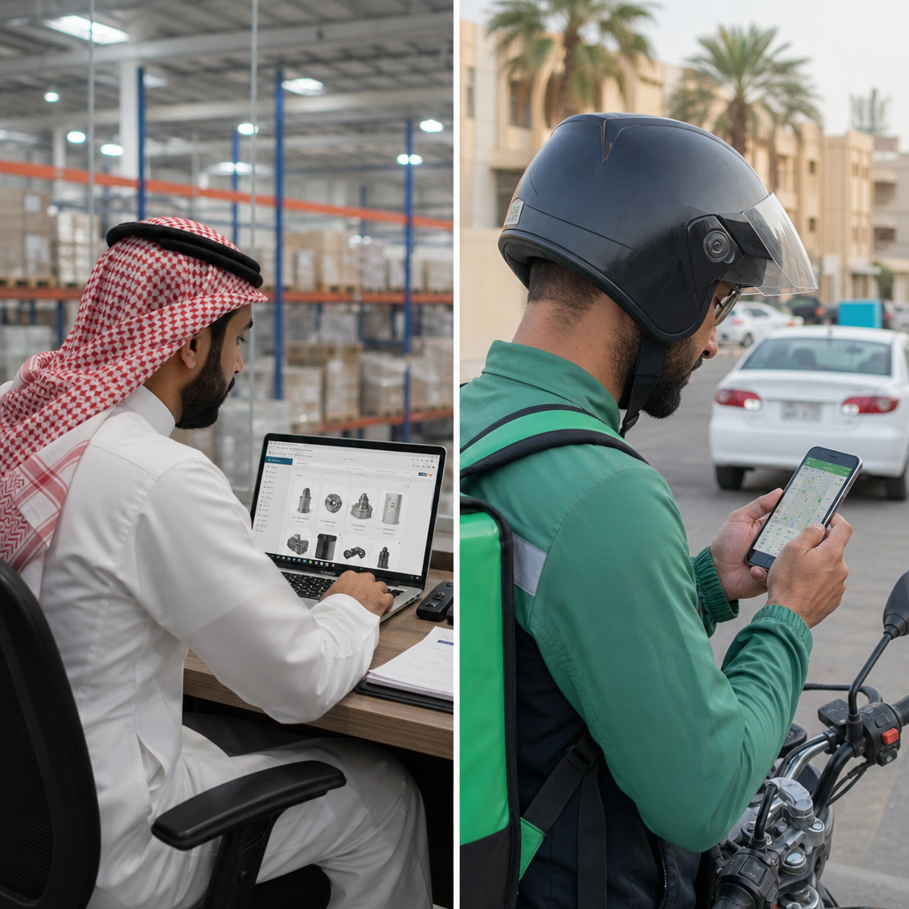 Split view of a Dammam industrial warehouse office on the left showing a procurement manager using a laptop B2B web portal with Arabic catalogue, and a Jeddah grocery delivery rider on the right checking a native app for order details on a smartphone, realistic documentary style, no text