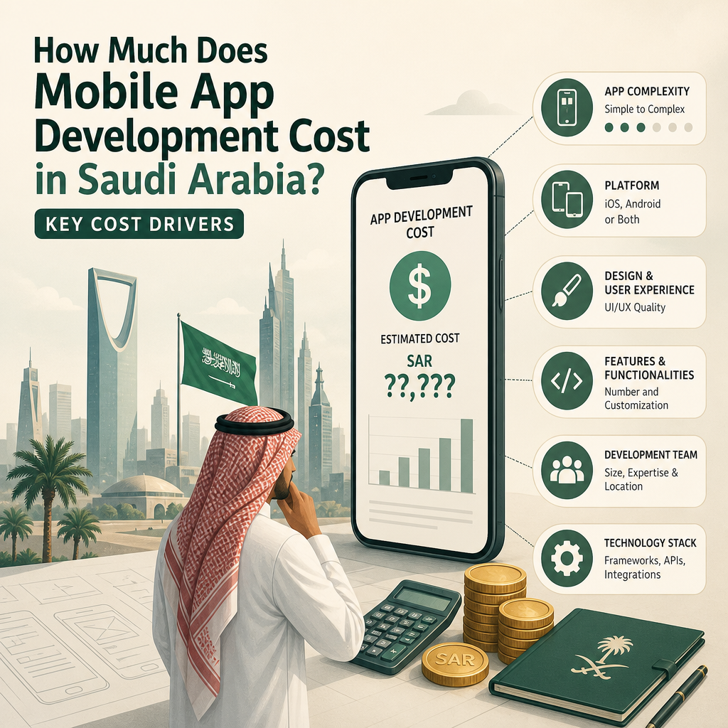 Editorial illustration for the section 'How Much Does Mobile App Development Cost in Saudi Arabia? Key Cost Drivers' in an article about How Much Does Mobile App Development Cost in Saudi Arabia?
