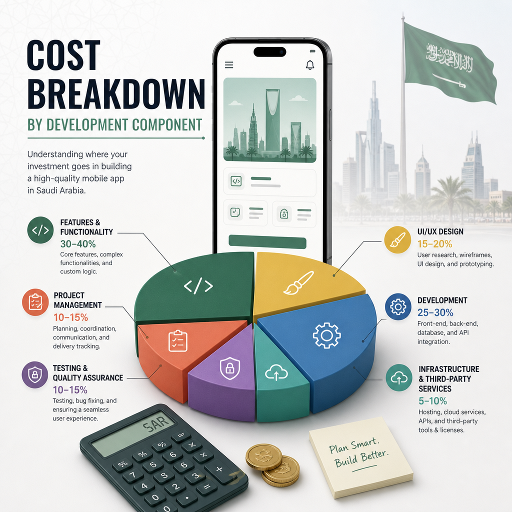 Editorial illustration for the section 'Cost Breakdown by Development Component' in an article about How Much Does Mobile App Development Cost in Saudi Arabia?