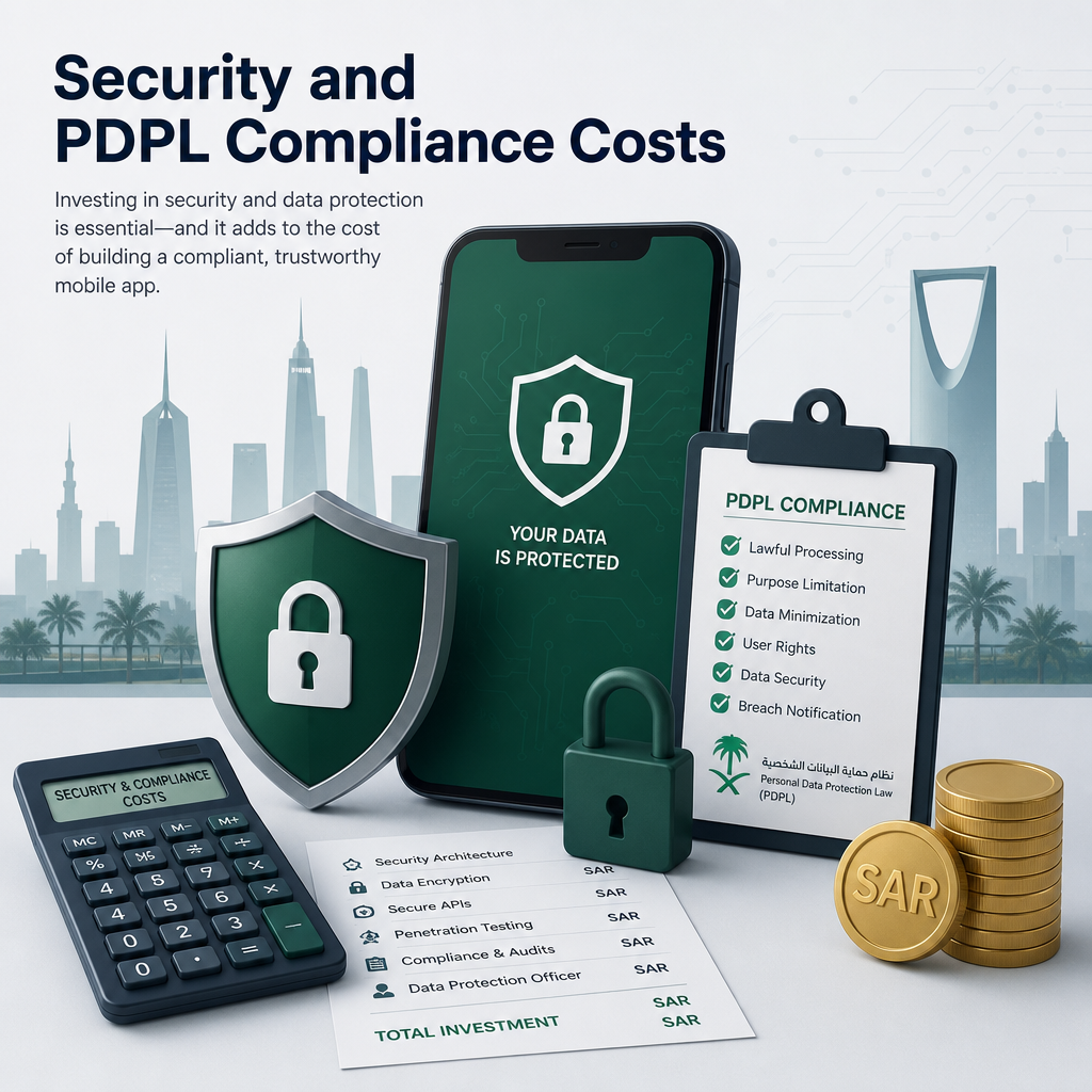 Editorial illustration for the section 'Security and PDPL Compliance Costs' in an article about How Much Does Mobile App Development Cost in Saudi Arabia?